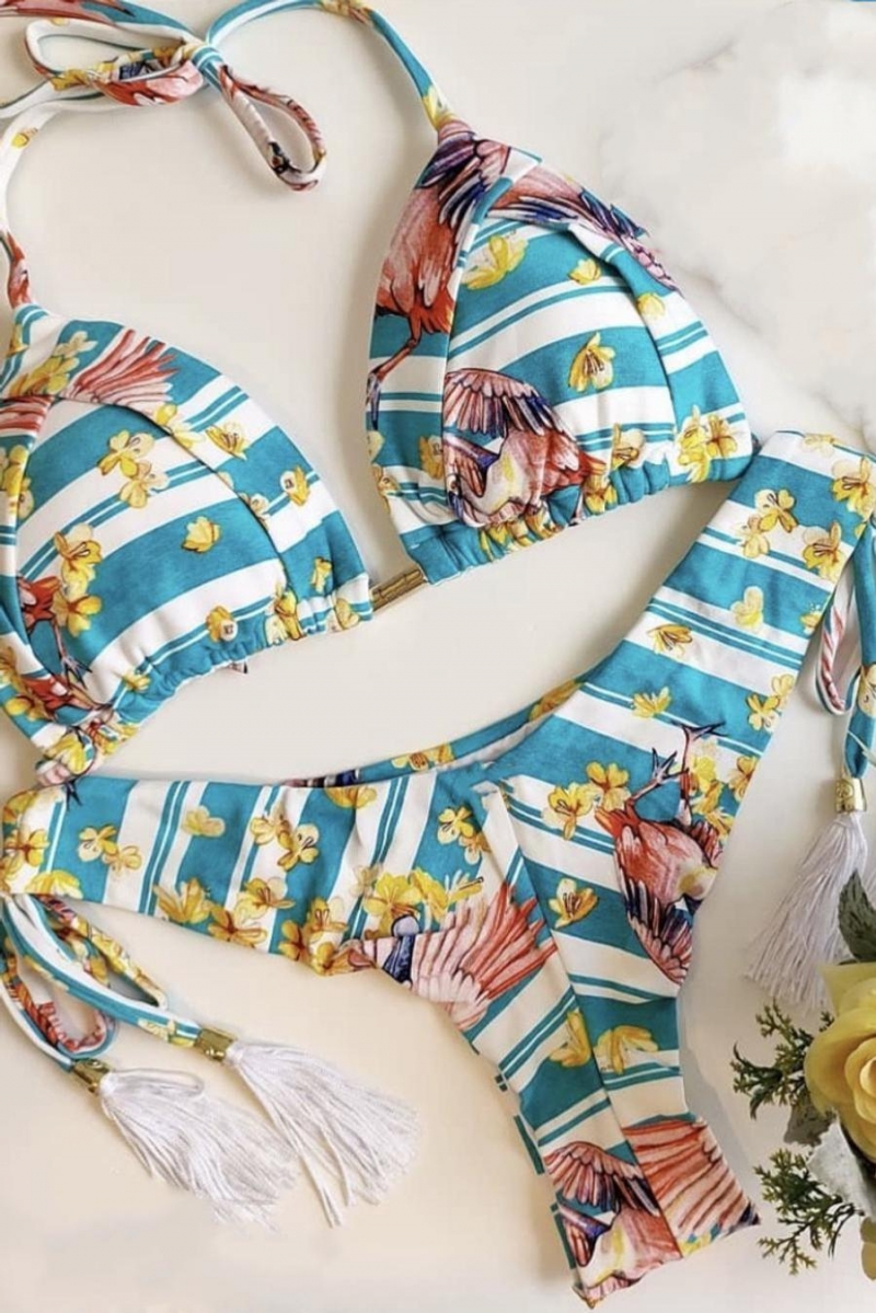 Wholesale Sexy Floral Batch Printing Tassel Halter Neck Padded Bikini