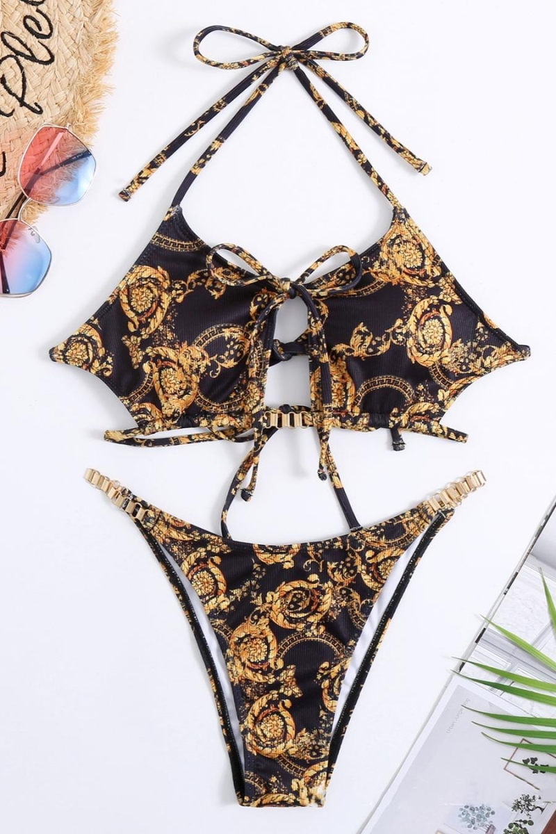 Wholesale Sexy Batch Printing Padded Halter Lace Up Bikini Set Ba