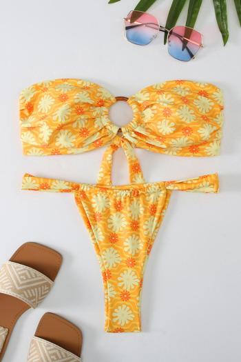 Wholesale Sexy Flower Printing Padded Ring Linked Bandeau Bikini Set