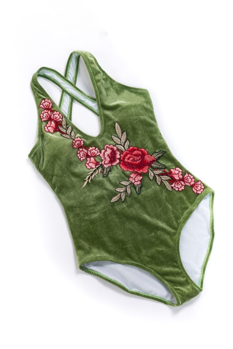 Wholesale Padded Velvet Roses Embroidery OnePiece Swimsuit 075372