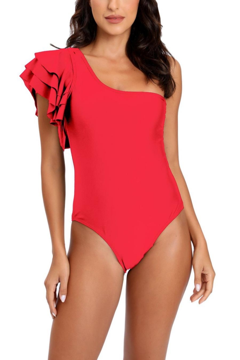 Wholesale Sexy Plus Size 4 Colors Padded One Shoulder Ruffle One Piece Swimsuit Ba009401 2342