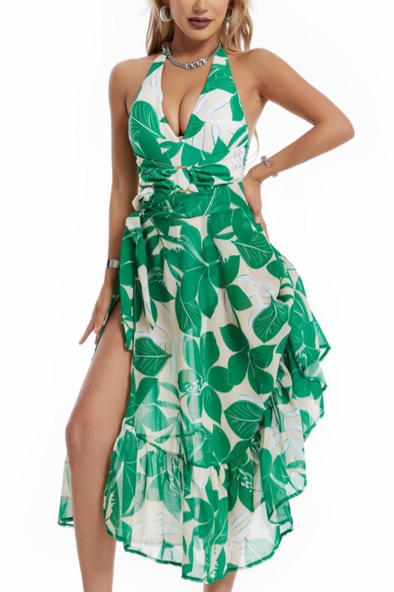 Wholesale Sexy Leaf Printing Padded One Piece Swimsuit With Mesh Skirt