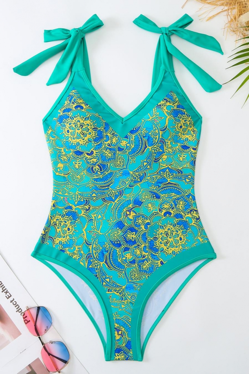 Wholesale Sexy Padded Floral Printing Lace Up Sling One Piece Swimsuit