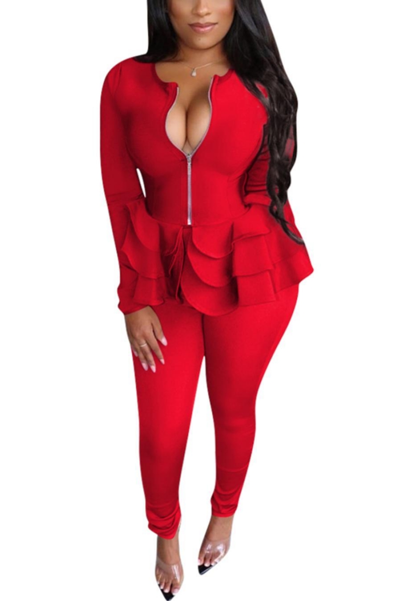 Wholesale Plus size slight stretch 5 colors solid color zipup ruffle stylish pants sets