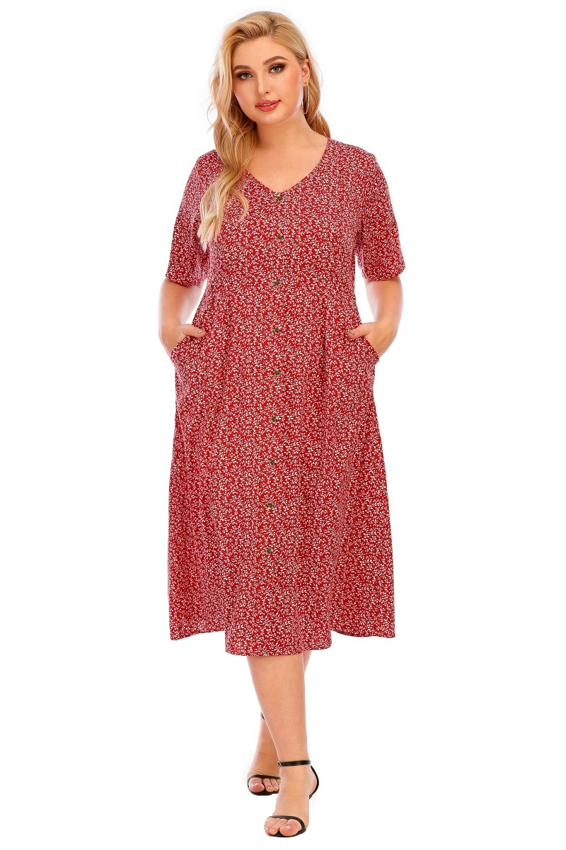 Wholesale Plus Size New Stylish Batch Printing V Neck Single Breasted Loose Midi Dress B24221 0904