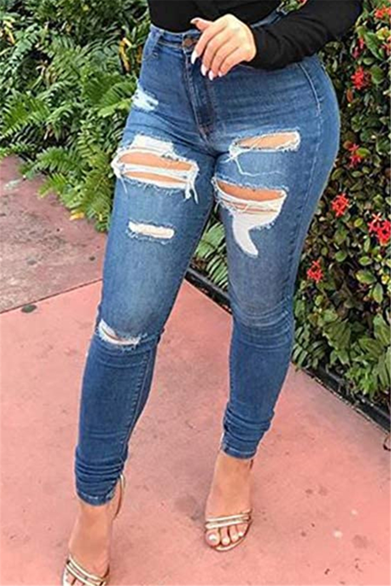 Kollisionskursus smække Shipwreck Wholesale Plus size new style solid color pockets zip-up fashion tight  ripped jeans 059218 - Girlmerry.com
