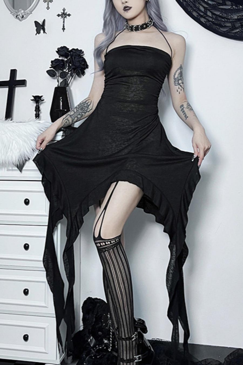 Wholesale Sexy gothic style slight stretch ruffle streamer midi