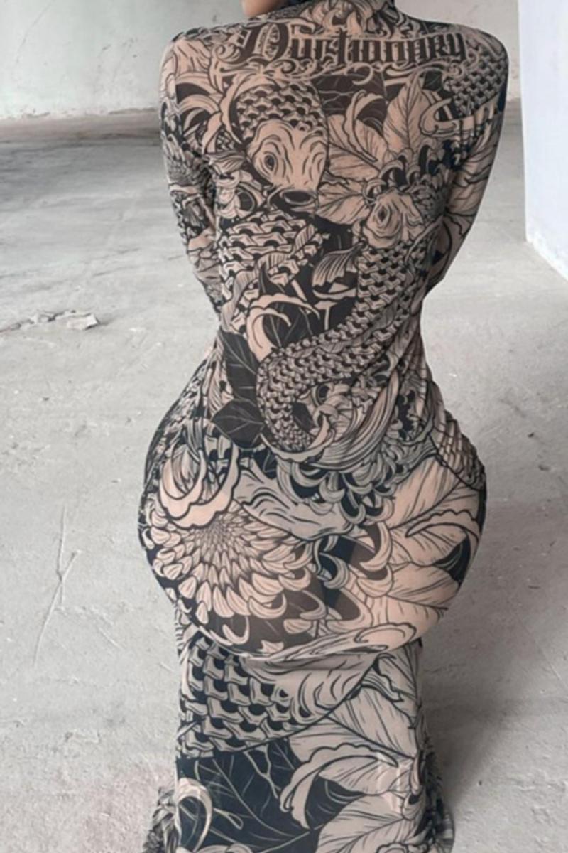 Sexy slight stretch mesh batch printing see-through high neck slim maxi dress - Image 3