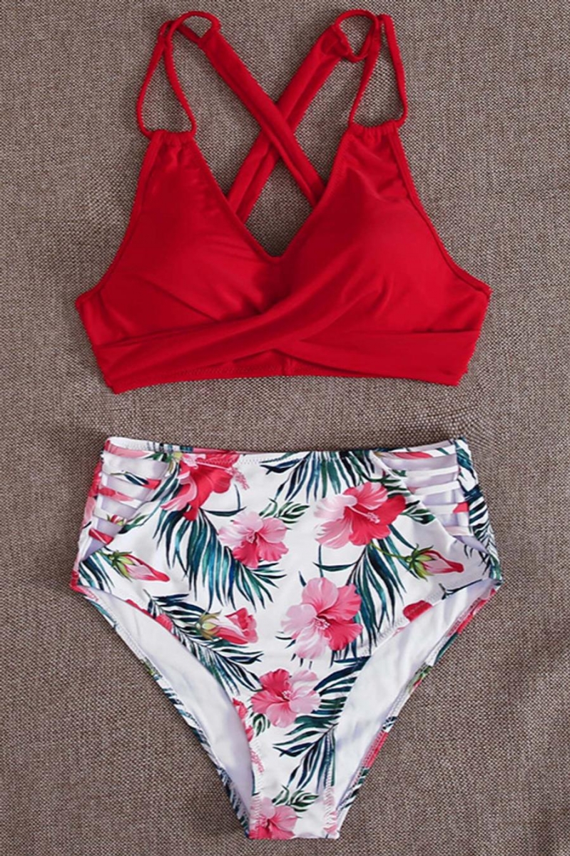 Wholesale Floral leaf printing padded crossed design hollow high waist