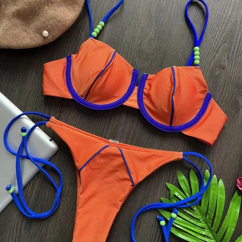 Wholesale Sexy color block spliced orange underwire padded beads decor  bikini set BA009724 