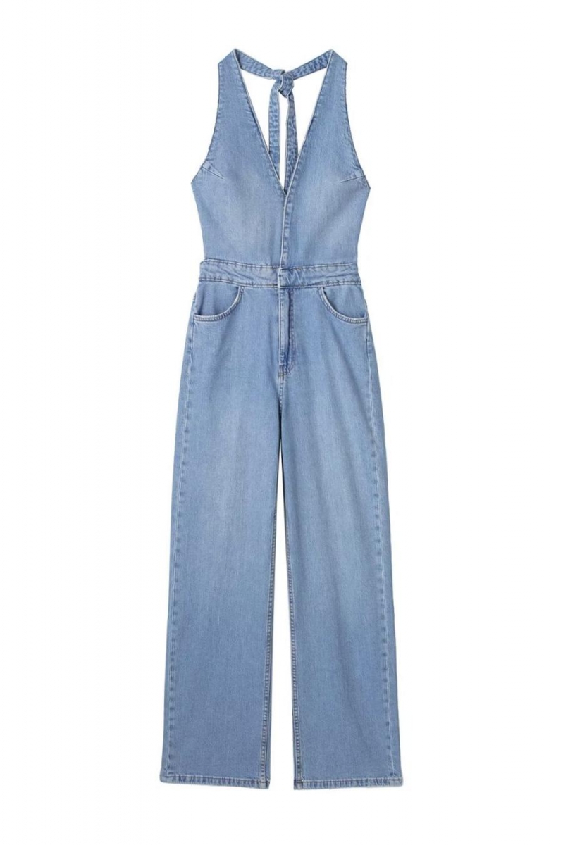 Wholesale Sexy nonstretch halter neck backless pocket denim jumpsuit