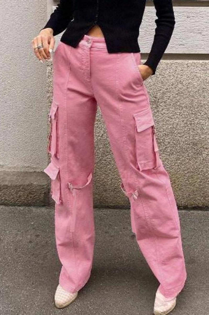 Solid Color High Waist Cargo Pants