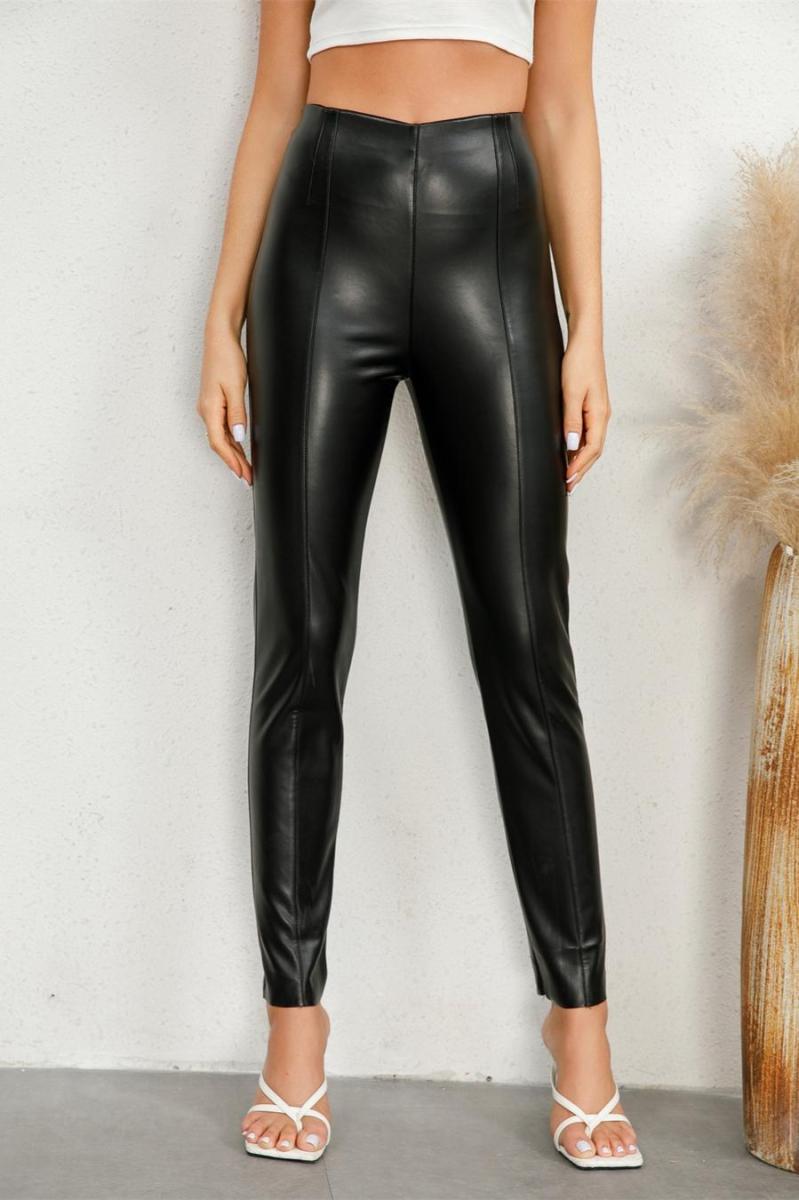 Wholesale Cool Women Black Solid Imitation Leather Long Pant