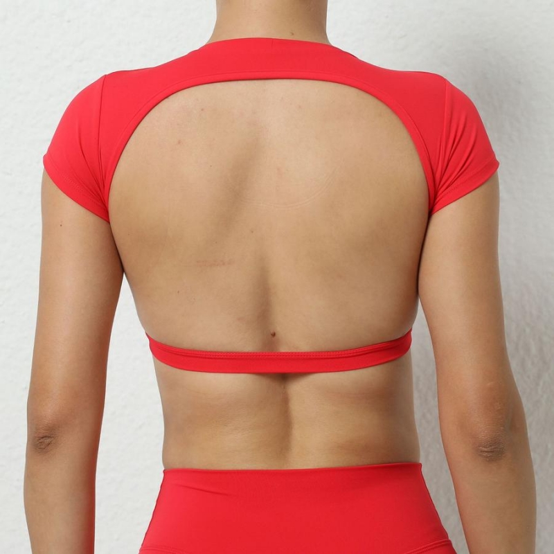 Wholesale Sports yoga slight stretch 7 colors backless short sleeve fitness  crop top HA001386 