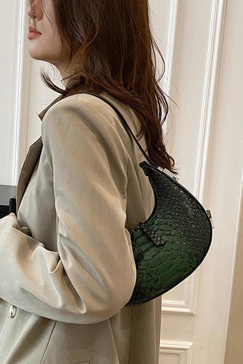ASOS DESIGN curved shoulder bag in green croc with long strap
