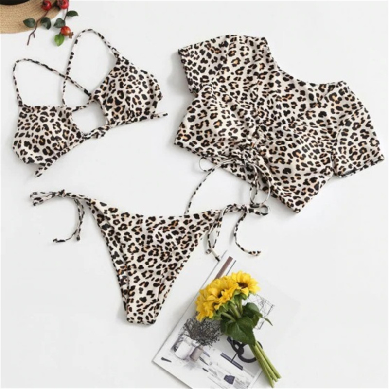 Wholesale Leopard Print Padded Lace Up Sexy Three Piece Bikini A71747