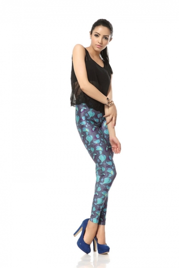  Women's Fashion Blue Floral Digital Printing Leggings