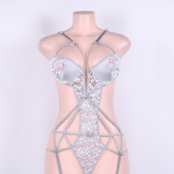Gray Lace Bandage Sexy Teddy Lingerie+Stockings Set
