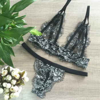 Gray Lace See Through Two-Piece Set
