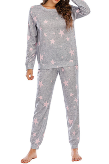 plus size cozy star printing long sleeve pocket 2 pc set pajamas