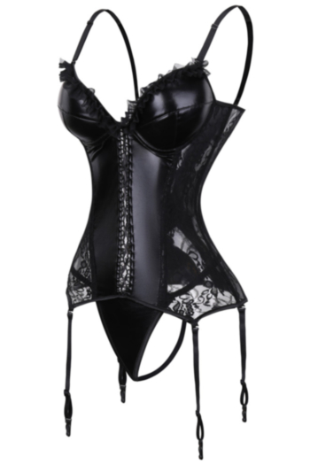 Oversized new lace splice PU hollow see through inelastic body corset(With G-Strings)