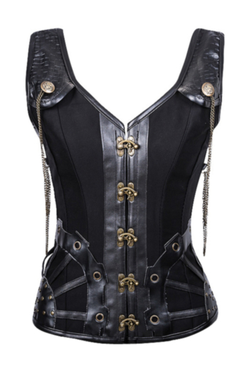 New stylish plus size sleeveless slim inelastic PU button metal chain waistband corset(With G-strings)