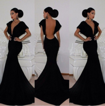 Black Deep V Backless Sexy Gown