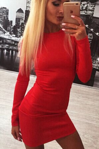 Fall New Long-sleeved Solid Color Sexy Backless Zipper Dress