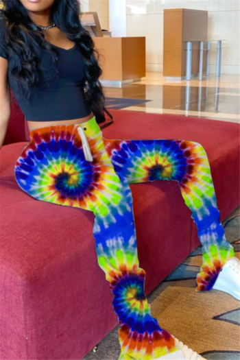 plus size new stylish tie-dyed batch printing pleated stretch slim casual pants