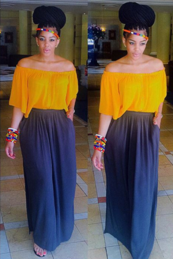 Orange Sheer Shoulder Top&Blue Sheer Maxi Skirt