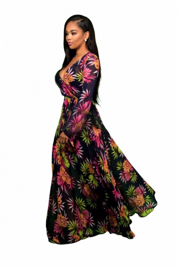 Chiffon Sheer Long Sleeved V-Necked Maxi Printed Dress