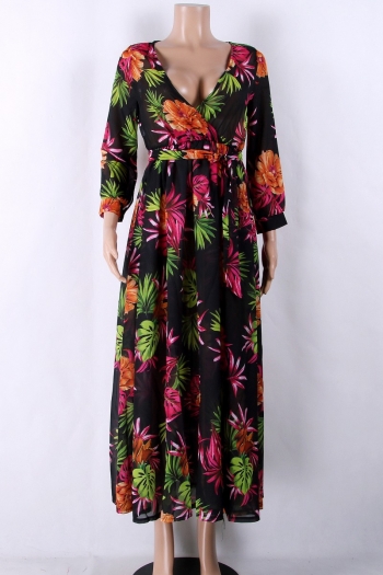 Chiffon Sheer Long Sleeved V-Necked Maxi Printed Dress