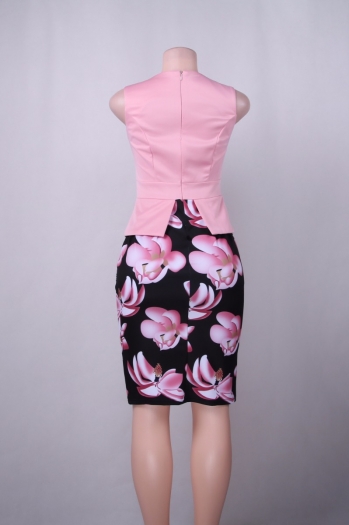 Pink Flower Print Elegant Midi Dress