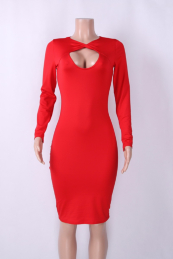 Thick Long-Sleeves Fashion Solid Open Elegant Midi Dress