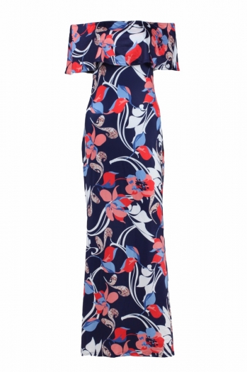 Flounced Off-Shoulder Maxi Flower Print Long Dress