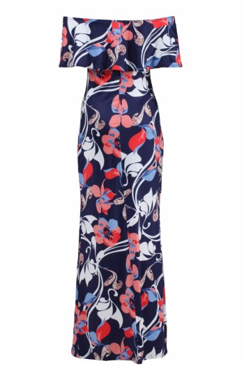 Flounced Off-Shoulder Maxi Flower Print Long Dress