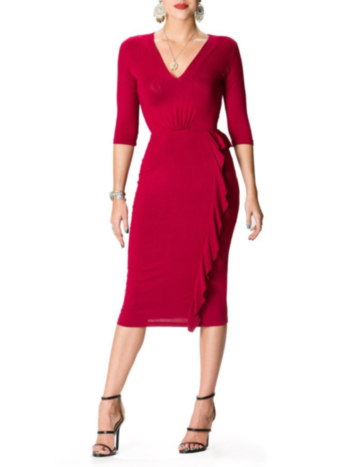 Red Flounced Solid Midi Dress