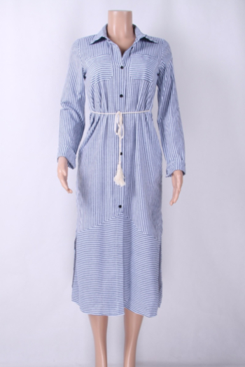 Stripe Belted Long-Sleeves High-slit Casual Maxi Shirt-Dress