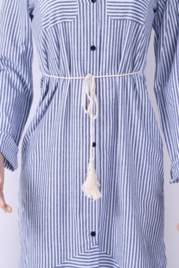 Stripe Belted Long-Sleeves High-slit Casual Maxi Shirt-Dress