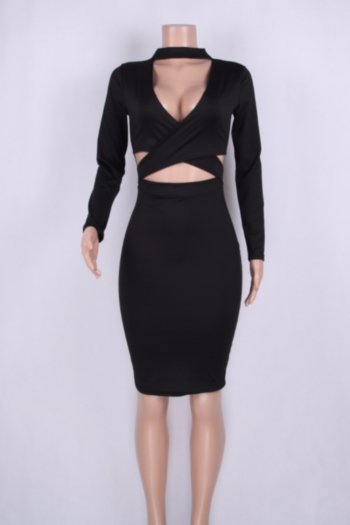 Black Solid Long-Sleeves V-Neck Sexy Midi Codycon Dress