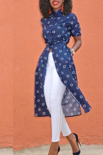 Women's Blue Dot Print Fashion Long-Blouse