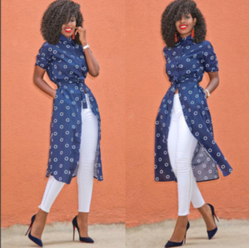 Women's Blue Dot Print Fashion Long-Blouse