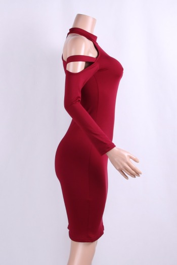 Cut Out Shoulder Long-Sleeves Solid Tight Party Dress