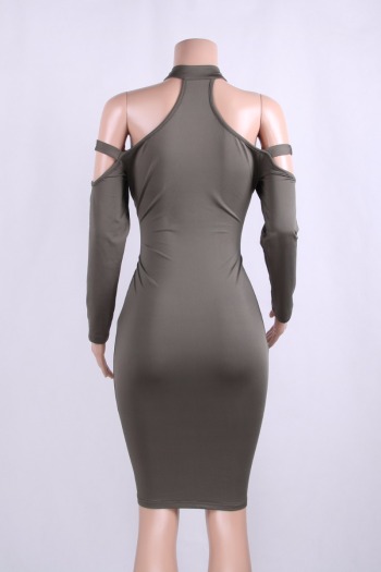 Cut Out Shoulder Long-Sleeves Solid Tight Party Dress