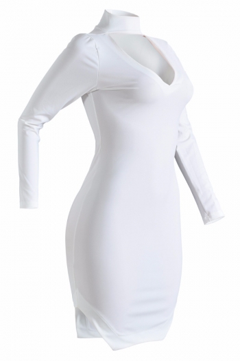 White High-Neck Long-Sleeves Solid Sexy Party Dress
