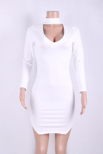 White High-Neck Long-Sleeves Solid Sexy Party Dress