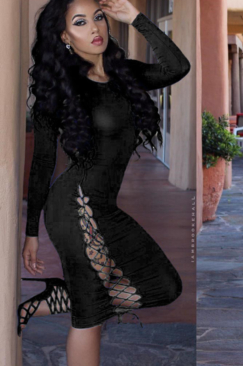 Black Bandage Sexy Solid Long-Sleeves Midi Dress