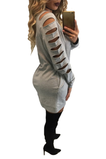 Gray Long-Hollow-Sleeves Cotton Solid Dress