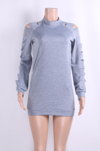 Gray Long-Hollow-Sleeves Cotton Solid Dress