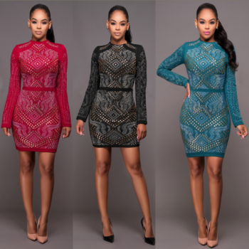Winter New Thick Rhinestones Long-Sleeves High Quality Warm Dress
